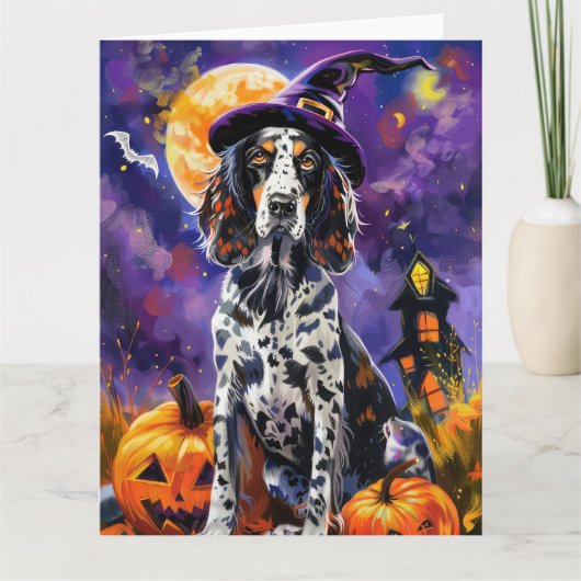 Engelse Setter hond Halloween heks en pompoen Kaart (Voorkant)