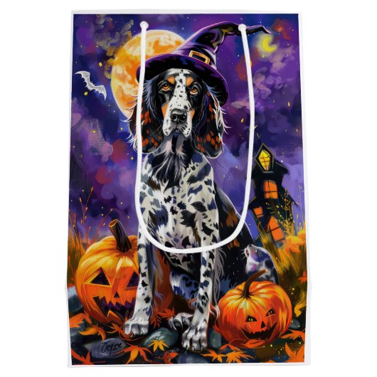 Engelse Setter hond Halloween heks en pompoen Medium Cadeauzakje (Achterkant)