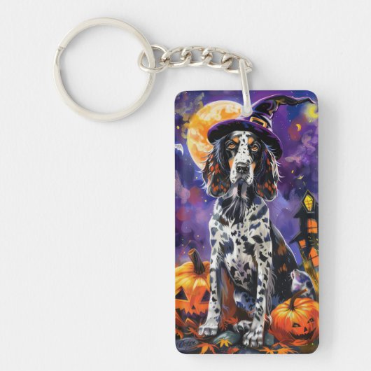 Engelse Setter hond Halloween heks en pompoen Sleutelhanger (Voorkant)