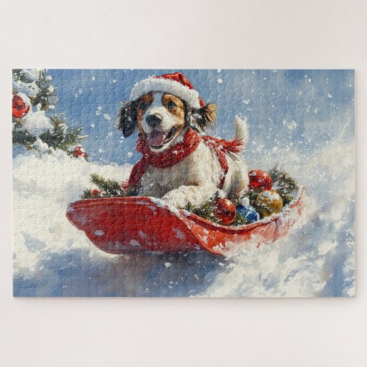 Engelse Setter Hond in Sledge Laat het Sneeuw Kers Legpuzzel (Horizontaal)