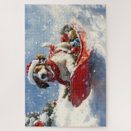 Engelse Setter Hond in Sledge Laat het Sneeuw Kers Legpuzzel (Verticaal)