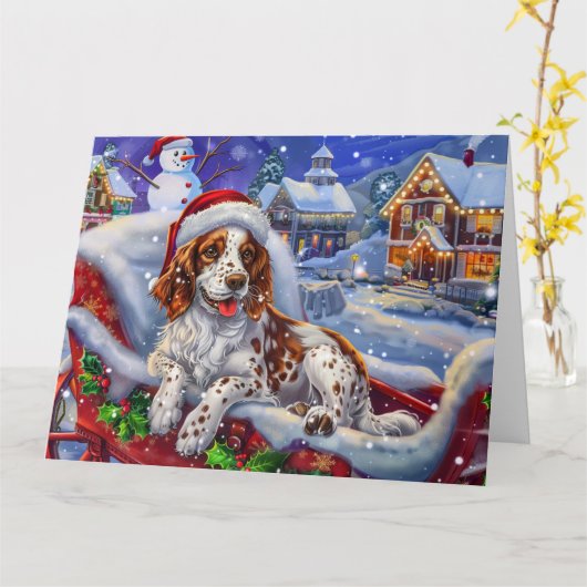 Engelse Setter Hond in Sleigh Sneeuw Kerstmis Kaart (Gele Bloem)