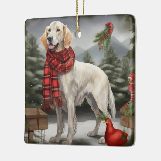 Engelse Setter Hond in Sneeuw Kerstmis Keramisch Ornament (Links)