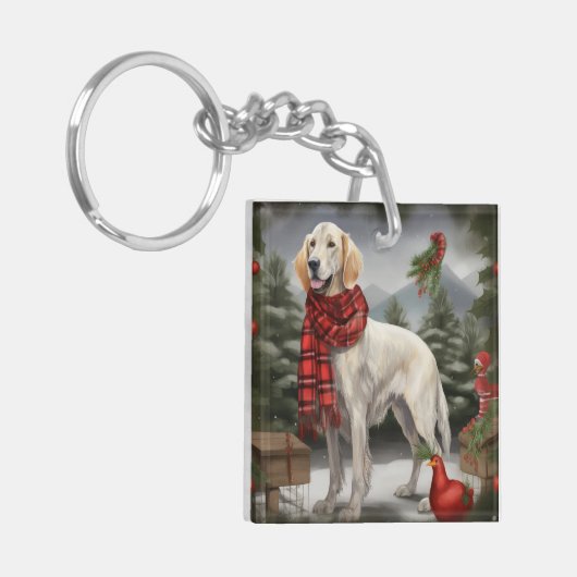 Engelse Setter Hond in Sneeuw Kerstmis Sleutelhanger (Voorkant Links)