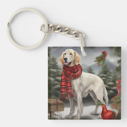 Engelse Setter Hond in Sneeuw Kerstmis Sleutelhanger (Voorkant)