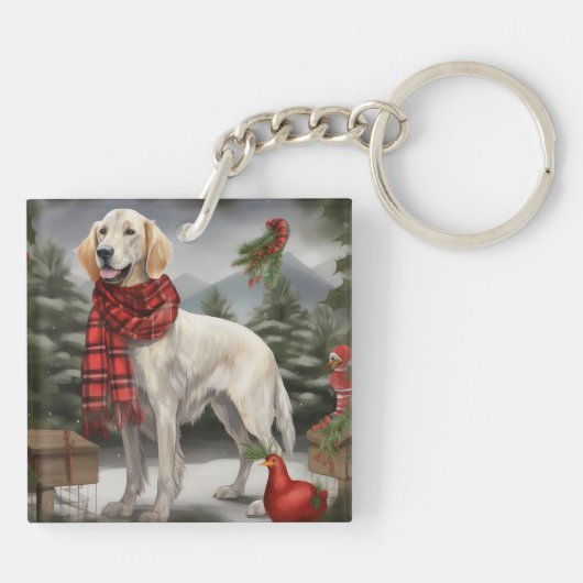 Engelse Setter Hond in Sneeuw Kerstmis Sleutelhanger (Achterkant)