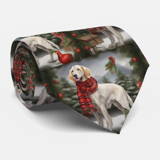 Engelse Setter Hond in Sneeuw Kerstmis Stropdas (Opgerold)