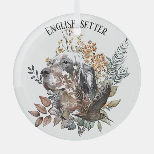 Engelse setter, houtsnip jacht, kunst glas ornament (Voorkant)
