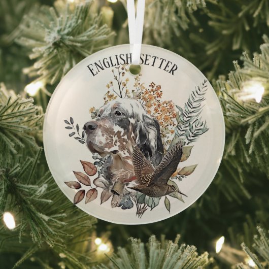 Engelse setter, houtsnip jacht, kunst glas ornament (Insitu)