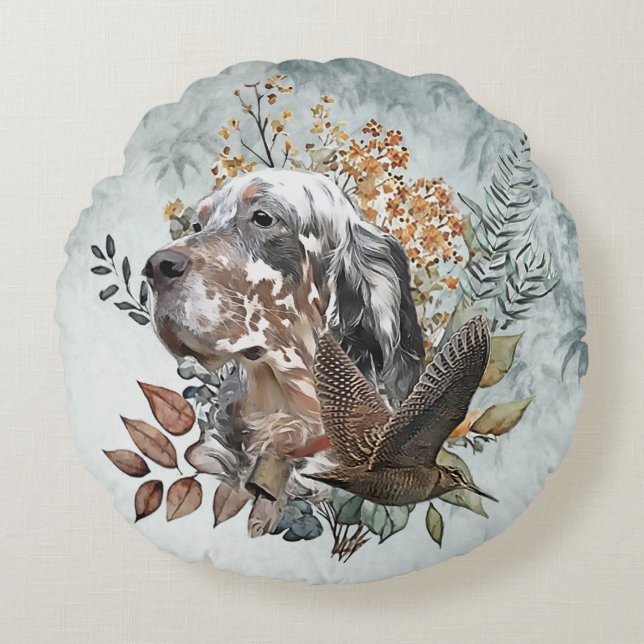 Engelse setter, houtsnip jacht, kunst rond kussen (Voorkant)