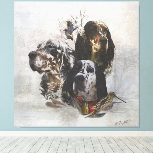 Engelse Setter, jacht op houtsnippers Canvas Afdruk (Insitu (Houten vloer))