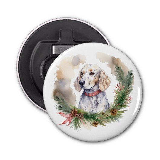 Engelse Setter Kerstkrans Feestelijke Pup Button Flesopener (Voorkant)