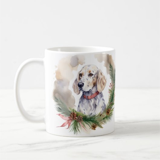 Engelse Setter Kerstkrans Feestelijke Pup Koffiemok (Links)