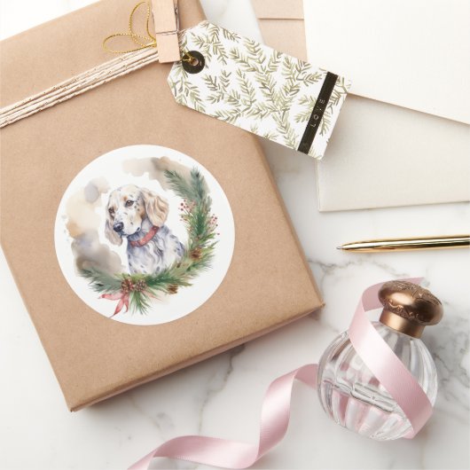 Engelse Setter Kerstkrans Feestelijke Pup Ronde Sticker (Geschenken)