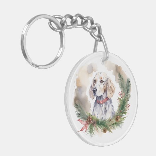 Engelse Setter Kerstkrans Feestelijke Pup Sleutelhanger (Voorkant Links)