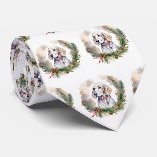 Engelse Setter Kerstkrans Feestelijke Pup Stropdas (Opgerold)