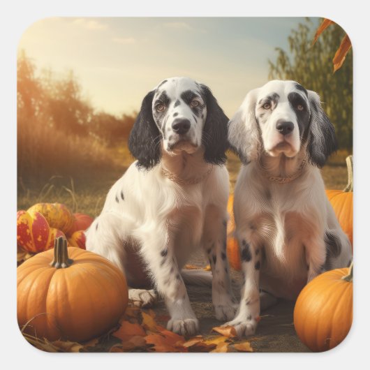 Engelse Setter Puppy Herfst Delight Pompoen Vierkante Sticker (Voorkant)