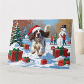 Engelse Setter Rent in de Sneeuw met Kerstmuts Kaart (Voorkant)