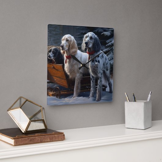 Engelse Setter Snowy Sleigh Kerst Decor Vierkante Klok (Kantoor)