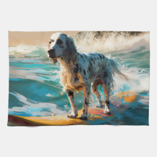 Engelse Setter Strand Surfen Schilderij Theedoek