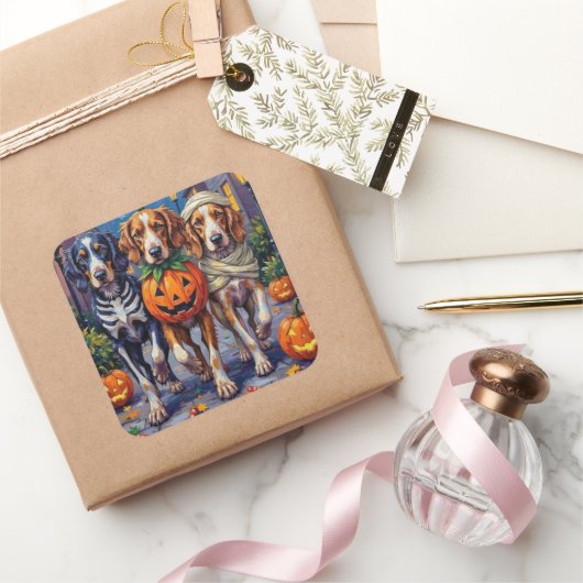 Engelse Setter Trick-or-Treating Halloween kostuum Vierkante Sticker (Geschenken)