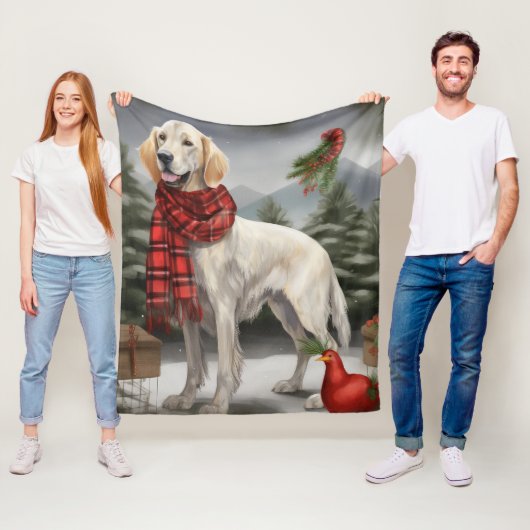 Engelse Setterhond in Kerstsneeuw Fleece Deken (In situ)