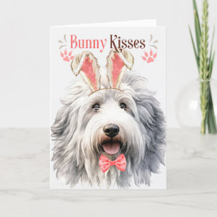 Engelse Sheepdog Dog in Bunny Ears voor Pasen Feestdagen Kaart