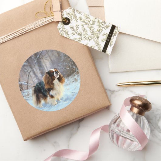 Engelse Speelgoed Spaniel Laat het sneeuwen Kerstm Ronde Sticker (Geschenken)