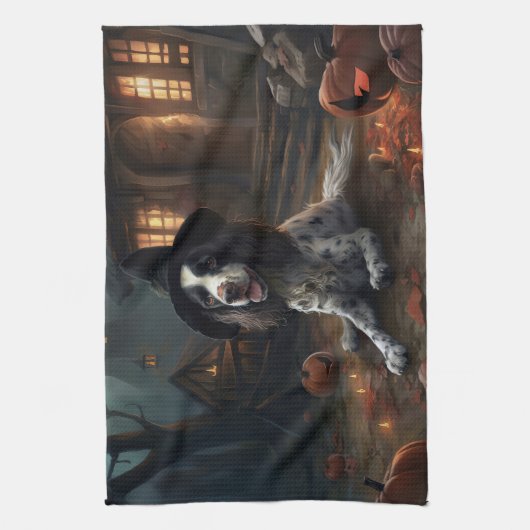 Engelse Springer Spaniel Pompoenen Halloween Scary Theedoek (Verticaal)