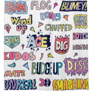 Engelse straattaal woorden, doodle belettering douchegordijn
