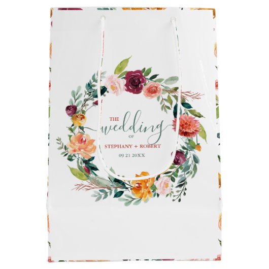 Engelse Tuin Bloemen Krans Custom Bruiloft Tekst Medium Cadeauzakje (Achterkant)