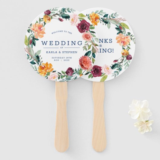 Engelse tuinbloemen met een groot trouwontwerp handwaaier (Voorkant en achterkant)