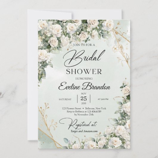 Engelse witte rozen eucalyptus groen en goud kaart (Voorkant)