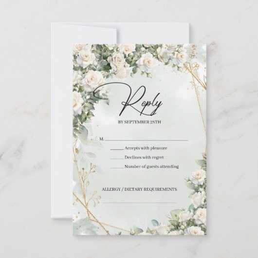 Engelse witte rozen eucalyptus groen en goud RSVP kaartje (Voorkant)