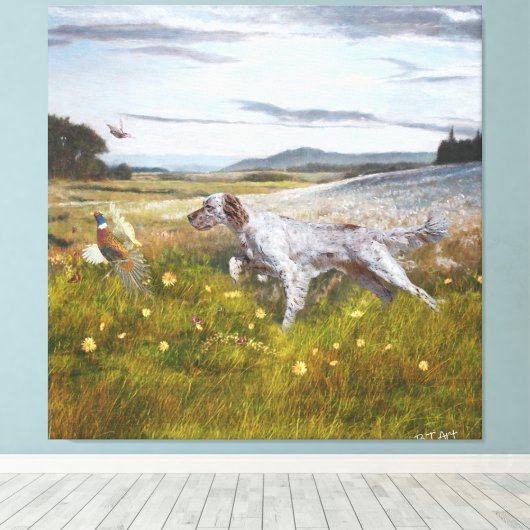 Engelse zetter met fazanten, kunst canvas afdruk (Insitu (Houten vloer))