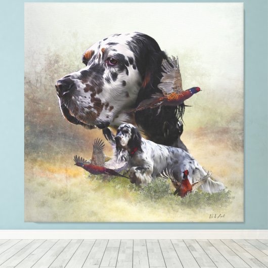 Engelse zetter met fazanten, kunst canvas afdruk (Insitu (Houten vloer))