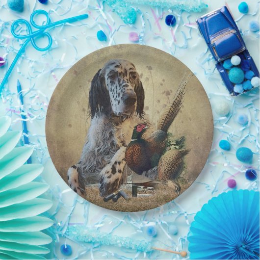 Engelse zetter met fazanten, kunst papieren bordje (Feest)