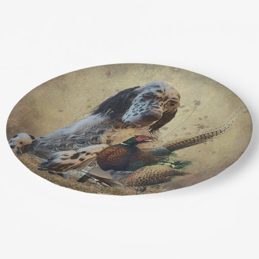 Engelse zetter met fazanten, kunst papieren bordje (Gekanteld)