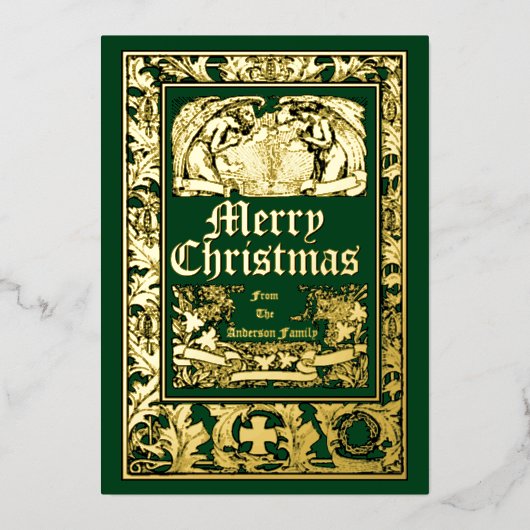  Engelsen en Pomegranate Border Kerstmis Folie Feestdagenkaart (Voorkant)