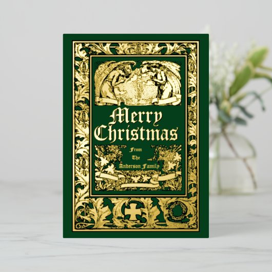 Engelsen en Pomegranate Border Kerstmis Folie Feestdagenkaart (Staand Voorkant)