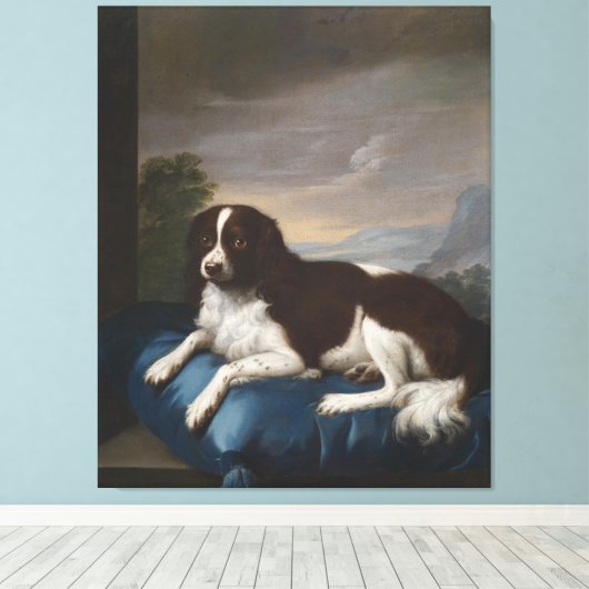 Engelstalig Springer-spaniel op een kussen Canvas Afdruk (Insitu (Houten vloer))