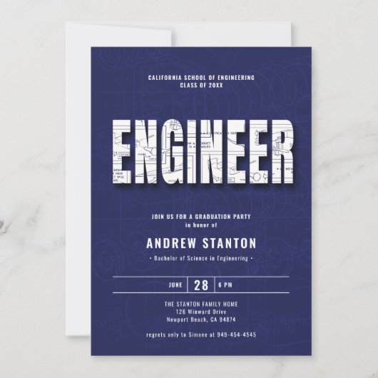 Engineering Afstuderen Engineer Navy White Party Kaart (Voorkant)