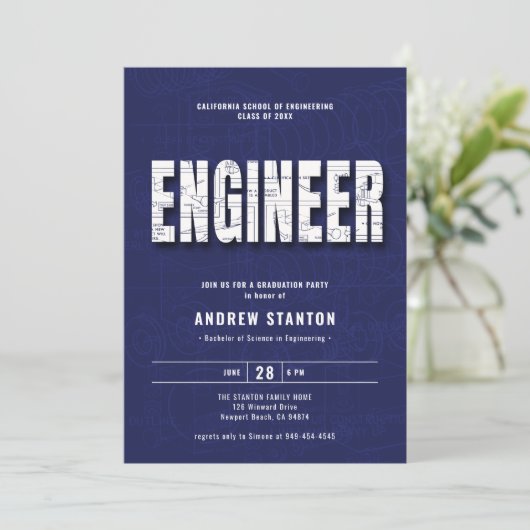 Engineering Afstuderen Engineer Navy White Party Kaart (Staand voorkant)