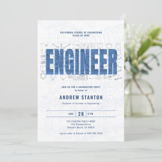 Engineering Afstuderen Engineer White Draft Party Kaart (Staand voorkant)