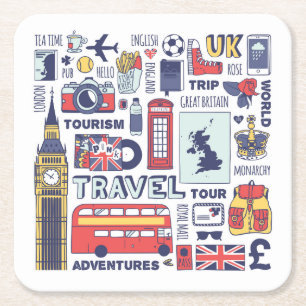 England Travel Doodles Vierkante Kartonnen Onderzetter