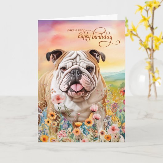 English Bulldog Field of Wildflowers Birthday Kaart (Gele Bloem)