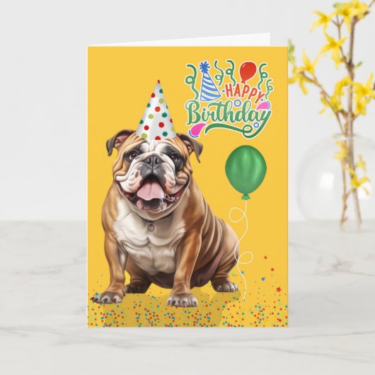English Bulldog Party Hat Yellow Birthday Kaart (Gele Bloem)