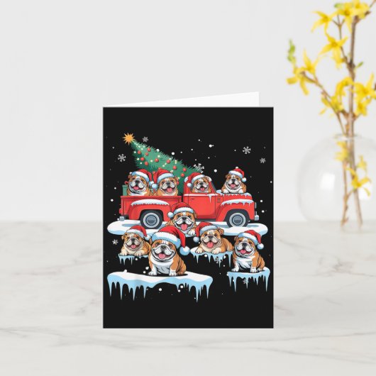 English Bulldog Riding Red Truck Ugly Sweater Chri Kaart (Gele Bloem)