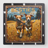 Engraved Dog Pair Blue Sky Field Vierkante Klok (Voorkant)