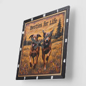 Engraved Dog Pair Happy Forest Vierkante Klok (Hoek)